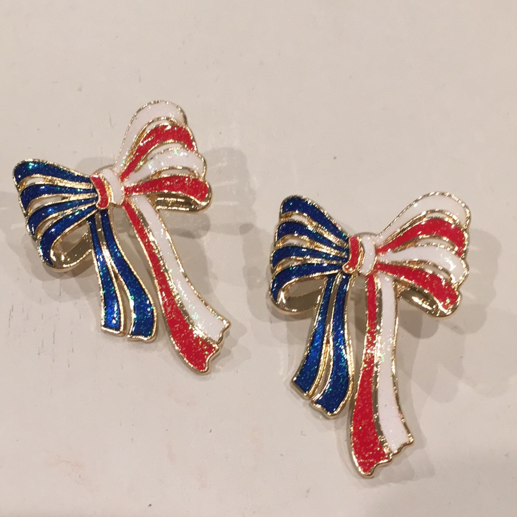 Gold Bow Earrings With Red White Blue Enamel 18$